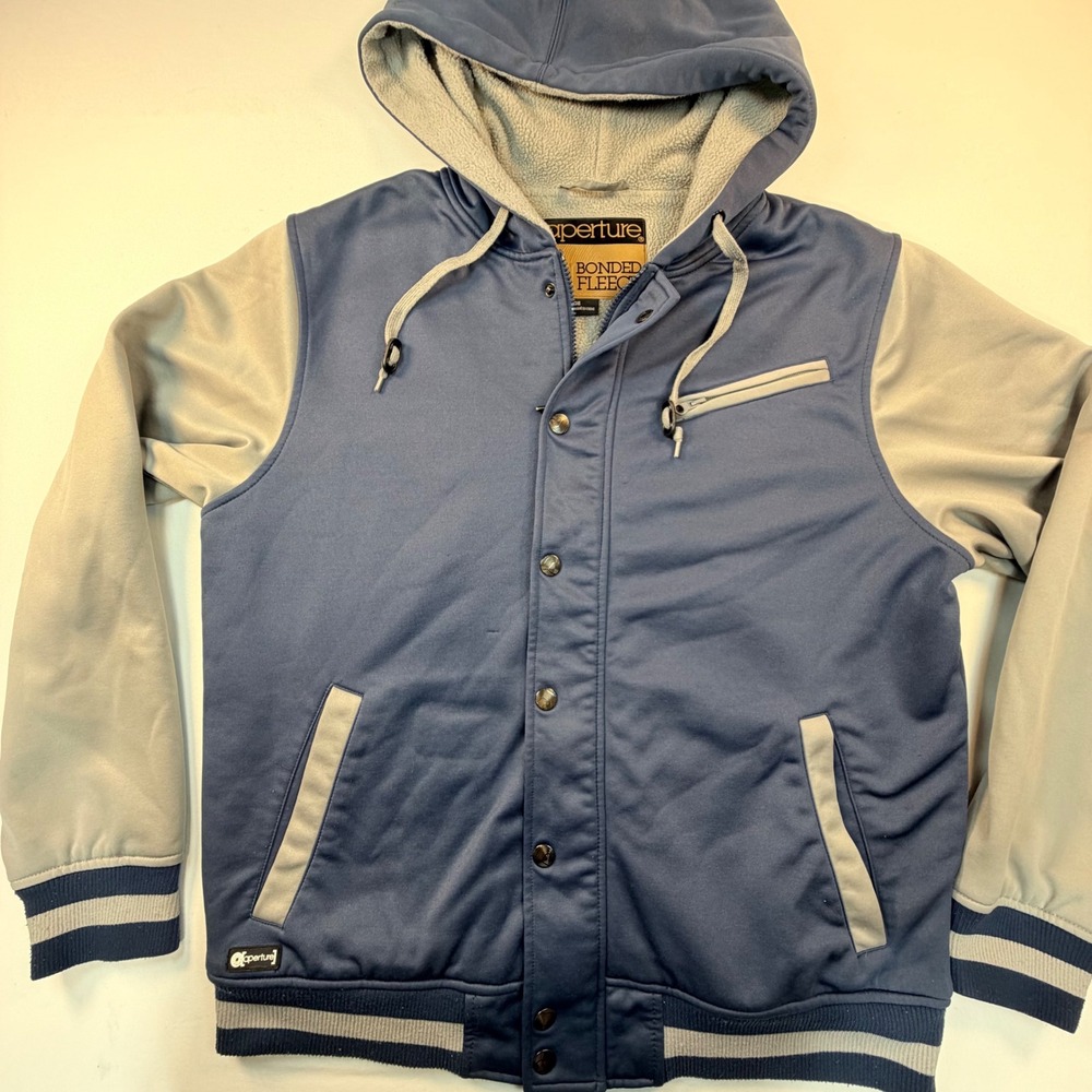 Aperture Men's Large Bonded Fleece Jacket Blue Gray Hooded Varsity Snowboard